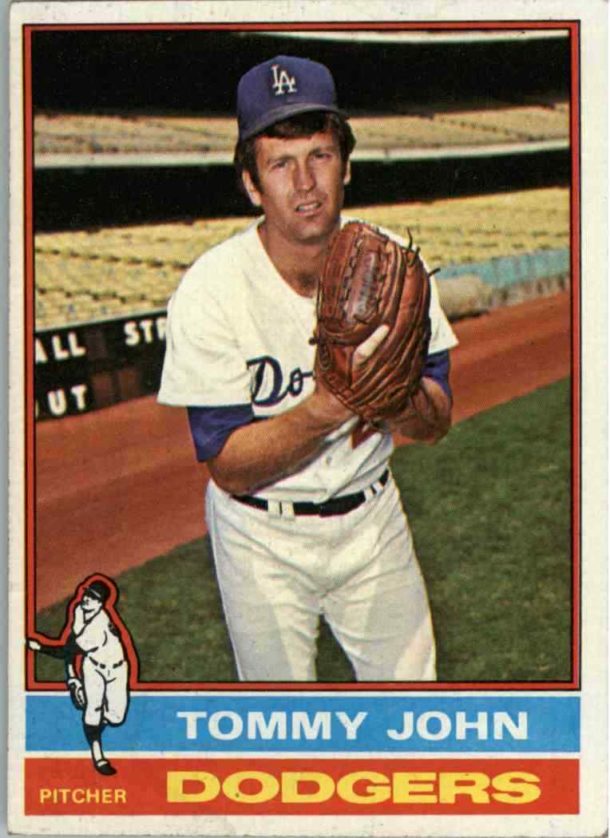 1976 Topps Tommy John baseball card, showing the pitcher after his surgery and return to the mound